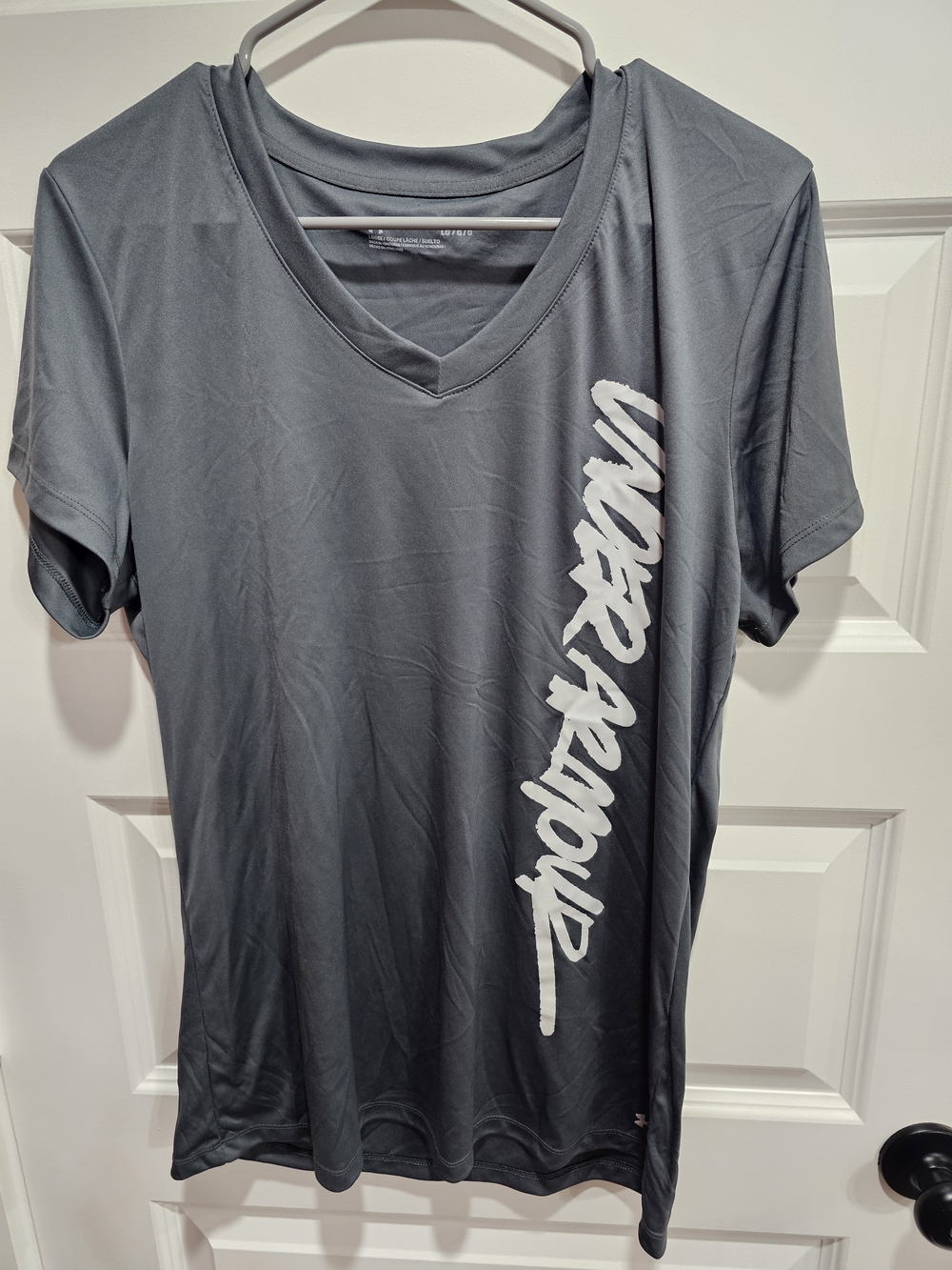 Under Armour Women's Charcoal V-Neck Tee with Vertical White Logo